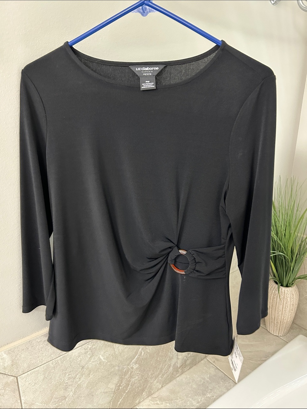 Liz Claiborne Black 3/4 Sleeve Top with Side Ring Knot